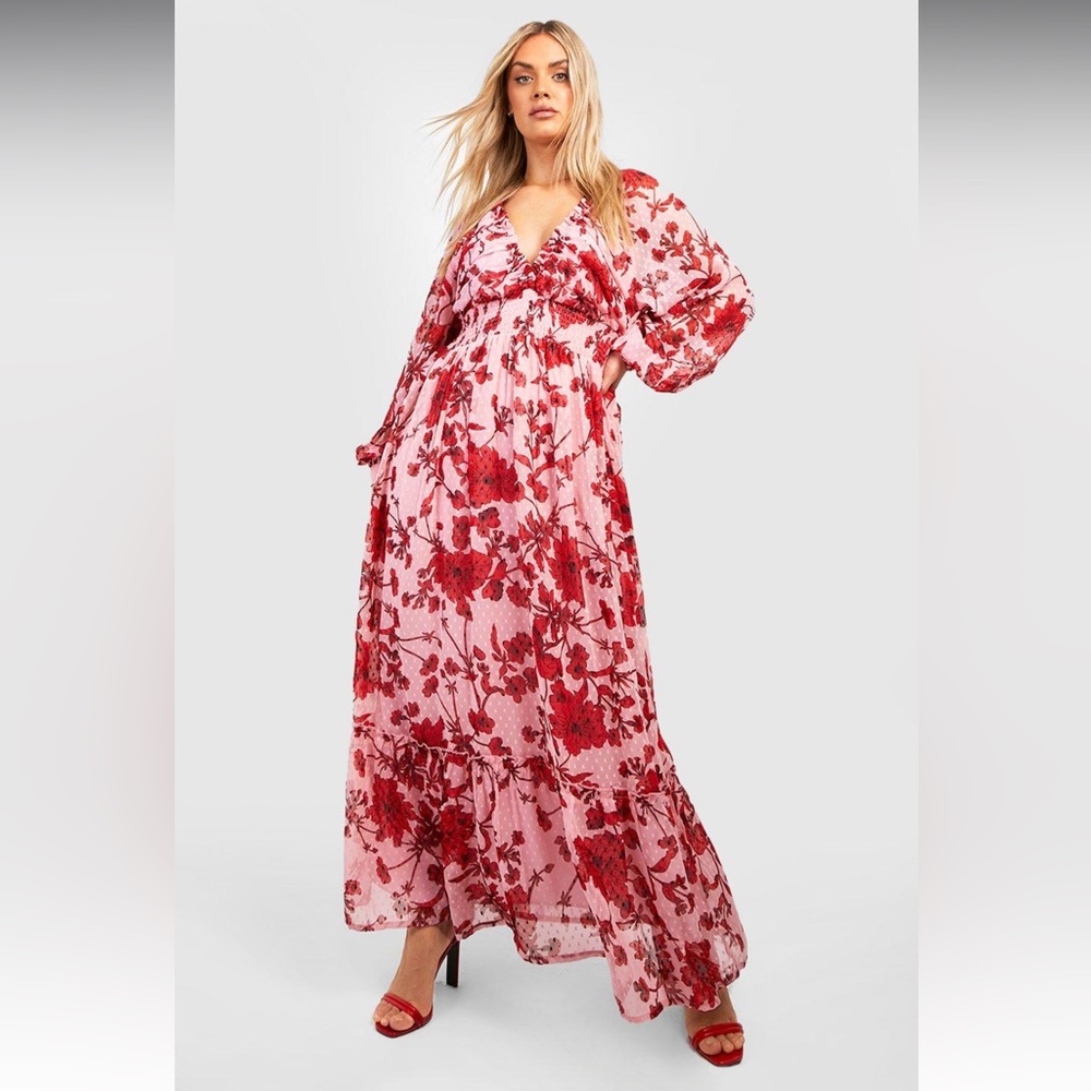 Boohoo Plus Red Floral Maxi Dress